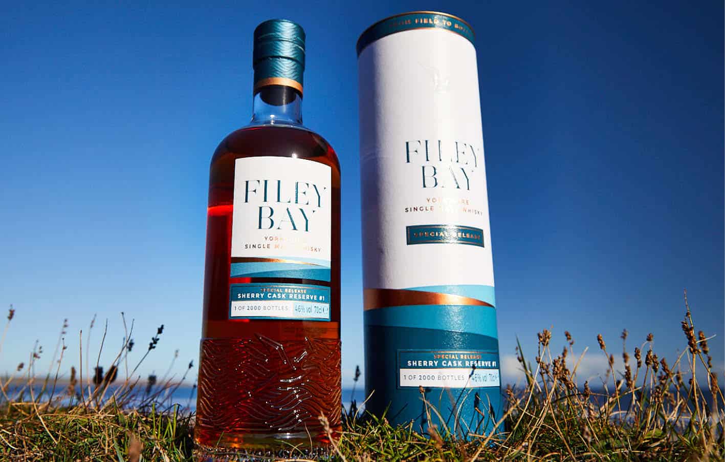 Filey Bay Sherry Cask Reserve Batch #1 with tube overlooking the sea