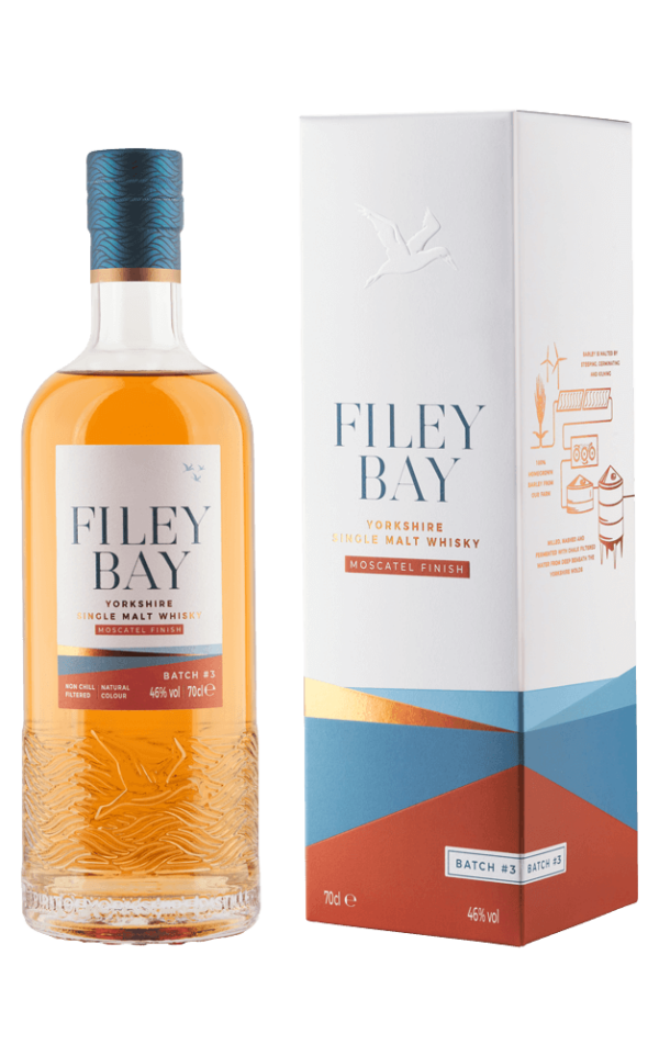 Filey Bay Moscatel Finish whisky bottle and carton