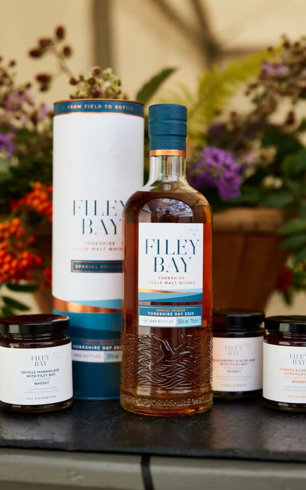 The three Filey Bay Whisky Preserves alongside Filey Bay Yorkshire Day 2023